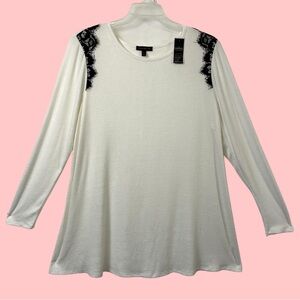 Lane Bryant white long-sleeve swing top with black lace shoulder details 14/16